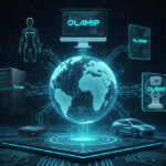 A futuristic isometric 1:1 technical illustration showcasing a central glowing digital globe connected by teal circuit pathways to various AI-powered products. The products, each labeled with the 'OLAMIP' logo, include a desktop computer monitor, a humanoid robot, a server tower, a medical imaging device with a cross icon, a network router, an electric car, and a tablet. The entire ecosystem is set on a dark background with an intricate circuit board base, representing a unified AI integration.