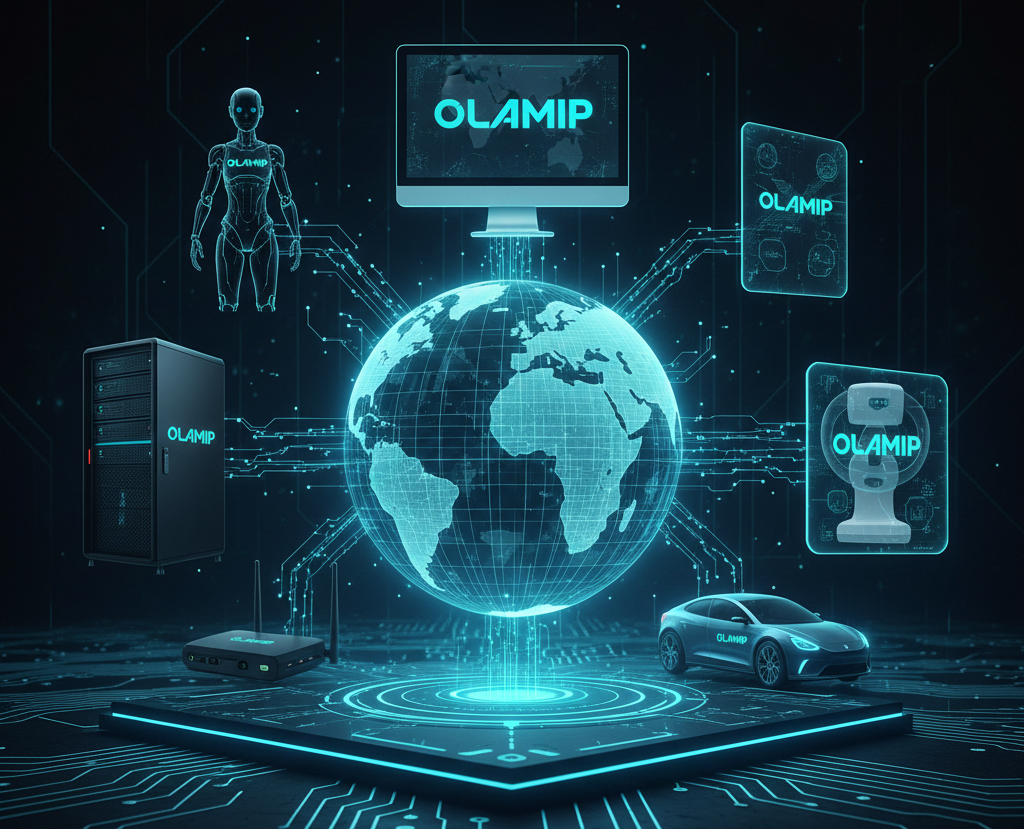 A futuristic isometric 1:1 technical illustration showcasing a central glowing digital globe connected by teal circuit pathways to various AI-powered products. The products, each labeled with the 'OLAMIP' logo, include a desktop computer monitor, a humanoid robot, a server tower, a medical imaging device with a cross icon, a network router, an electric car, and a tablet. The entire ecosystem is set on a dark background with an intricate circuit board base, representing a unified AI integration.