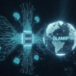 A futuristic digital illustration representing AI governance. On the left, a central glowing microchip is labeled "MCP" (Model Context Protocol), with circuit lines branching out to icons of human brains, scales of justice, and shields. These lines connect to a translucent digital globe on the right, which features the text "OLAMIP" (Open Language-Aligned Machine-Interpretable Protocol) centered across the earth's surface. The entire scene is bathed in a cyan blue holographic glow against a dark, hexagonal patterned background