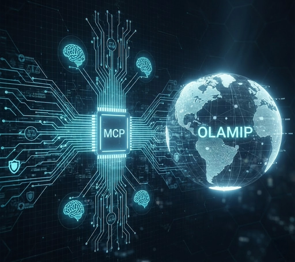 A futuristic digital illustration representing AI governance. On the left, a central glowing microchip is labeled "MCP" (Model Context Protocol), with circuit lines branching out to icons of human brains, scales of justice, and shields. These lines connect to a translucent digital globe on the right, which features the text "OLAMIP" (Open Language-Aligned Machine-Interpretable Protocol) centered across the earth's surface. The entire scene is bathed in a cyan blue holographic glow against a dark, hexagonal patterned background