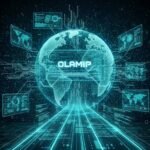 A futuristic digital graphic featuring a glowing, translucent cyan globe in the center covered in circuit board patterns. The word 'OLAMIP', the protocol that strengthens the external world that AI systems rely on, making collapse less likely by giving them structured, grounded, human‑authored information, is prominently displayed across the equator of the globe.