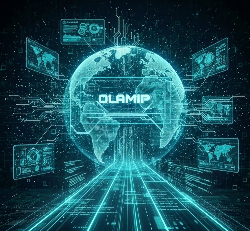 A futuristic digital graphic featuring a glowing, translucent cyan globe in the center covered in circuit board patterns. The word 'OLAMIP', the protocol that strengthens the external world that AI systems rely on, making collapse less likely by giving them structured, grounded, human‑authored information, is prominently displayed across the equator of the globe.